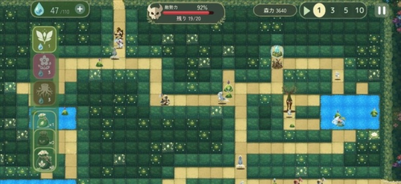 しずくの水辺のバトル画面。池とせせらぎのある森