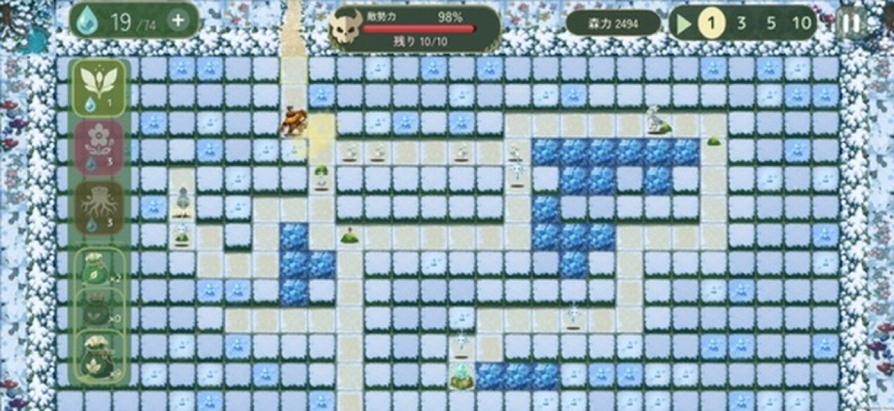 白銀の森のバトル画面。雪と氷におおわれた森